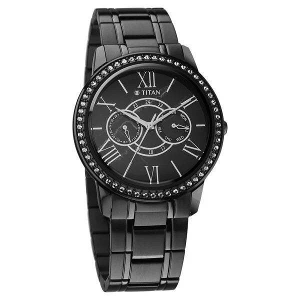 Titan Royale Men's Multifunction Watch Analog Marble Dial Black Stainless Steel Band, 10002NM01