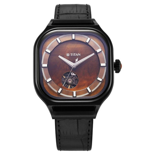 Titan Men's Caelum Tiger Eye Automatic Stellar Edition Brown Dial With Black Leather Strap, 10008NL02
