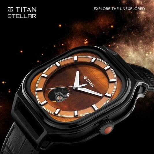 Titan Men's Caelum Tiger Eye Automatic Stellar Edition Brown Dial With Black Leather Strap, 10008NL02