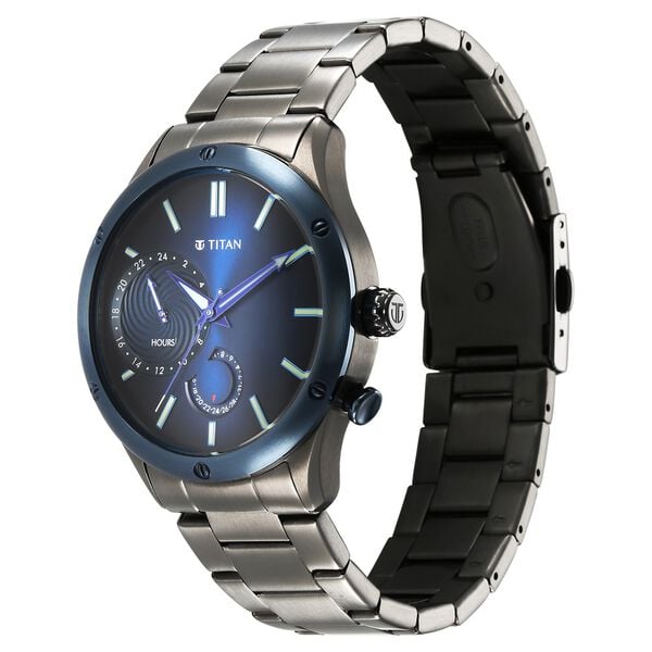 Titan Stellar Men's Multifunction Watch Analog Blue Dial With Grey Stainless Steel Band, 10009KM01