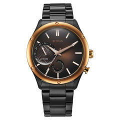 Titan Stellar Men's Multifunction Watch Analog Brown Dial With Black Stainless Steel Band, 10009KM02