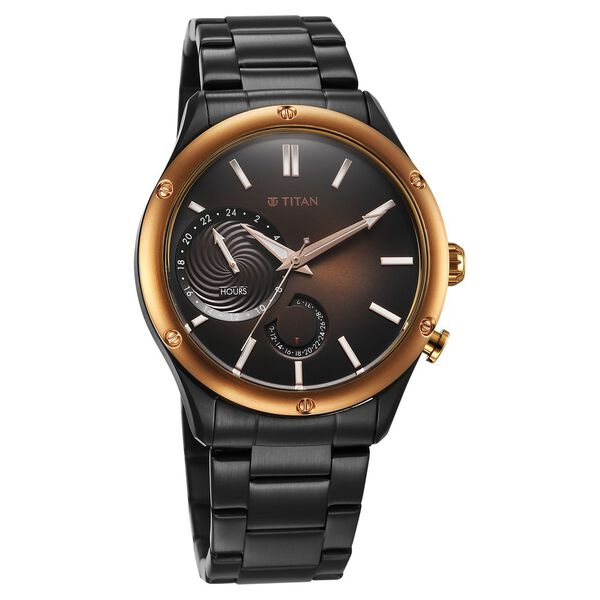 Titan Stellar Men's Multifunction Watch Analog Brown Dial With Black Stainless Steel Band, 10009KM02
