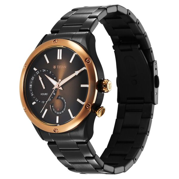 Titan Stellar Men's Multifunction Watch Analog Brown Dial With Black Stainless Steel Band, 10009KM02