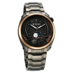 Titan Men's Multifunction Watch Black Dial With Brown Stainless Steel Band, 10010KM01