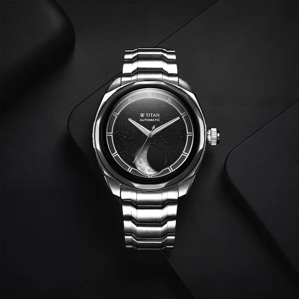Titan Luna Men's Automatic Watch-Stellar Edition Black Dial with Silver Stainless Steel Band ,10011KM02