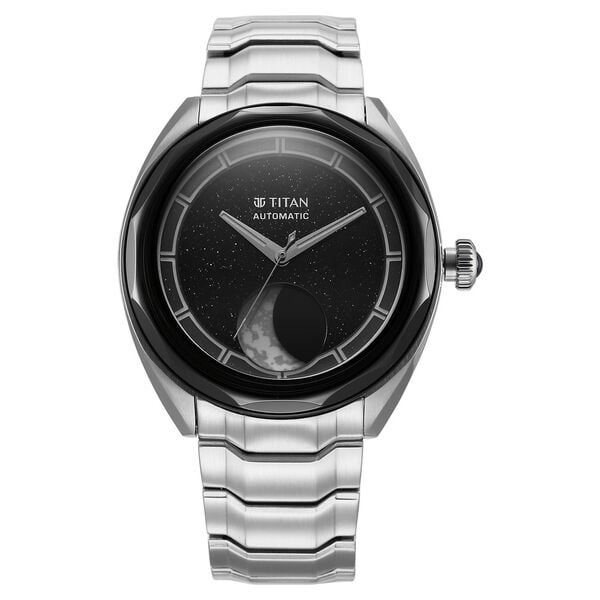 Titan Luna Men's Automatic Watch-Stellar Edition Black Dial with Silver Stainless Steel Band ,10011KM02 