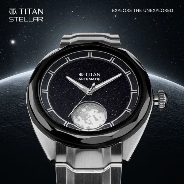 Titan Luna Men's Automatic Watch-Stellar Edition Black Dial with Silver Stainless Steel Band ,10011KM02