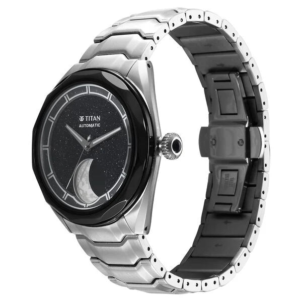 Titan Luna Men's Automatic Watch-Stellar Edition Black Dial with Silver Stainless Steel Band ,10011KM02