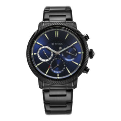 Titan Men's Multifunction Watch Blue Dial With Black Stainless Steel Band, 10012NM01