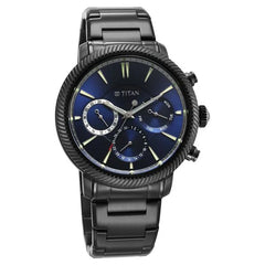Titan Men's Multifunction Watch Blue Dial With Black Stainless Steel Band, 10012NM01