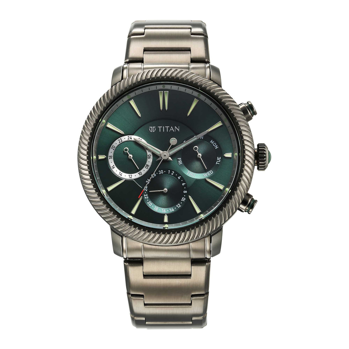 Titan Men's Multifunction Watch Green Dial With Grey Stainless Steel Band, 10012QM01