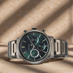 Titan Men's Multifunction Watch Green Dial With Grey Stainless Steel Band, 10012QM01