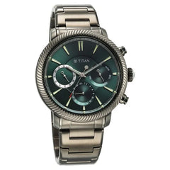Titan Men's Multifunction Watch Green Dial With Grey Stainless Steel Band, 10012QM01