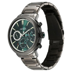 Titan Men's Multifunction Watch Green Dial With Grey Stainless Steel Band, 10012QM01