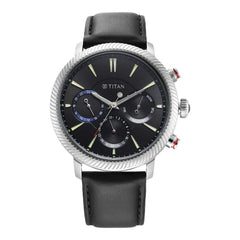 Titan Men's Multifunction Watch Black Dial With Black Leather Strap, 10012SL01