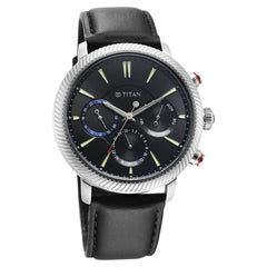 Titan Men's Multifunction Watch Black Dial With Black Leather Strap, 10012SL01