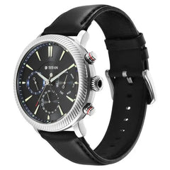 Titan Men's Multifunction Watch Black Dial With Black Leather Strap, 10012SL01