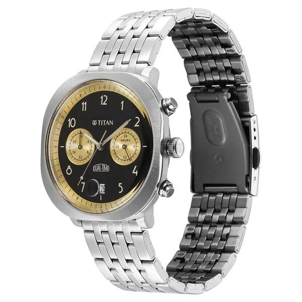 Titan Timeless Treasures Men's Watch Analog Black Dial With Silver Stainless Steel Band, 10022SM02