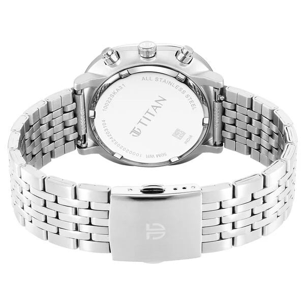Titan Timeless Treasures Men's Watch Analog Black Dial With Silver Stainless Steel Band, 10022SM02