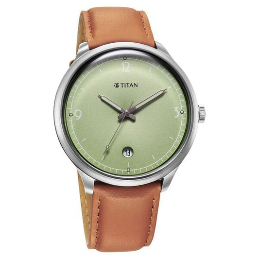 Titan, Men, Analog, Watch, Green Dial, Leather Strap, 10023SL01