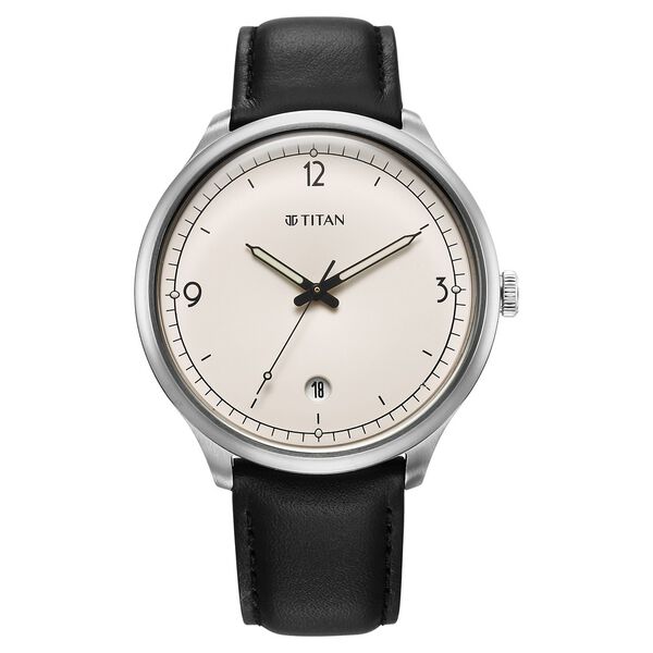 Titan Timeless Treasures Men's Watch Analog White Dial With Black Leather Strap, 10023SL05