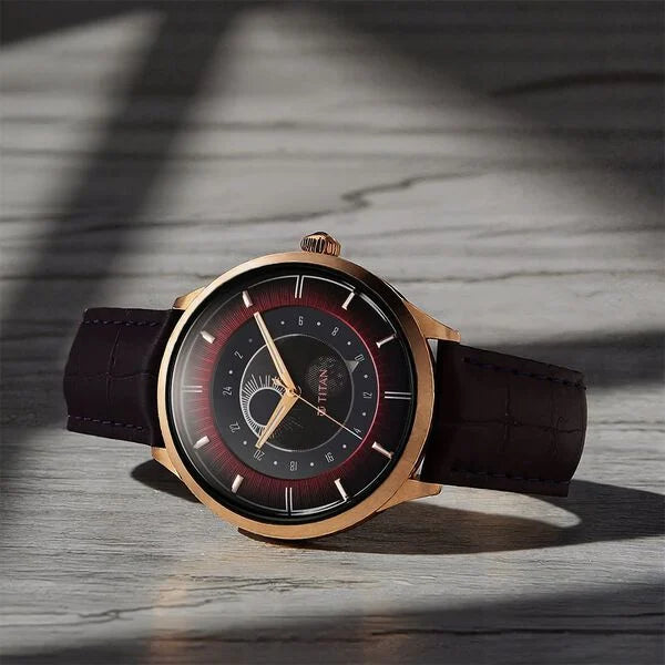 Titan Caleum Sun Moon Phase in Scarlet Red - Stellar Edition Men's Watch with Purple Leather Strap, 10028KL01