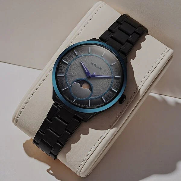 Titan Caelum Sun Moon Sub-Dial in Gunmetal Grey - Stellar Edition Men's Watch with Black Stainless Steel Band, 10028KM01