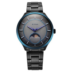 Titan Caelum Sun Moon Sub-Dial in Gunmetal Grey - Stellar Edition Men's Watch with Black Stainless Steel Band, 10028KM01