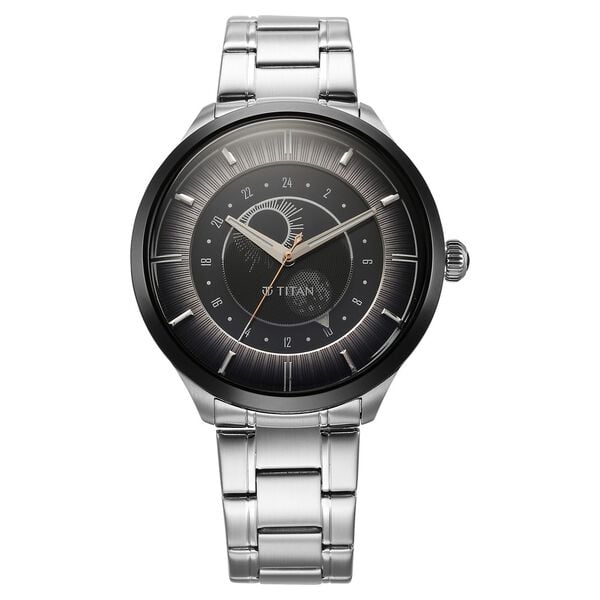 Titan Luna Sun Moon Phase in Frost Grey - Stellar Edition Men's Watch with Silver Stainless Steel Band, 10028KM02