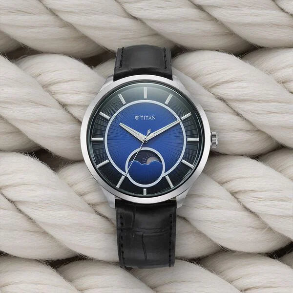 Titan Caelum Sun Moon Sub-Dial in Cobalt Blue - Stellar Edition Men's Watch with Black Leather Strap, 10028SL01
