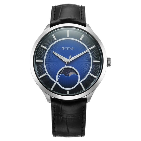 Titan Caelum Sun Moon Sub-Dial in Cobalt Blue - Stellar Edition Men's Watch with Black Leather Strap, 10028SL01