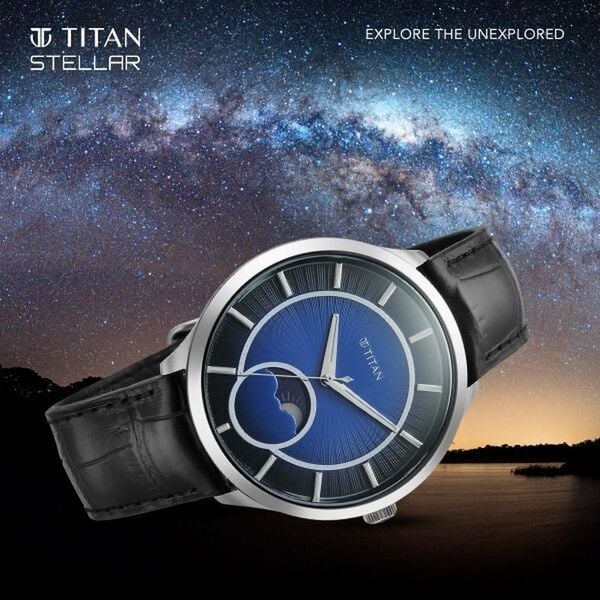 Titan Caelum Sun Moon Sub-Dial in Cobalt Blue - Stellar Edition Men's Watch with Black Leather Strap, 10028SL01