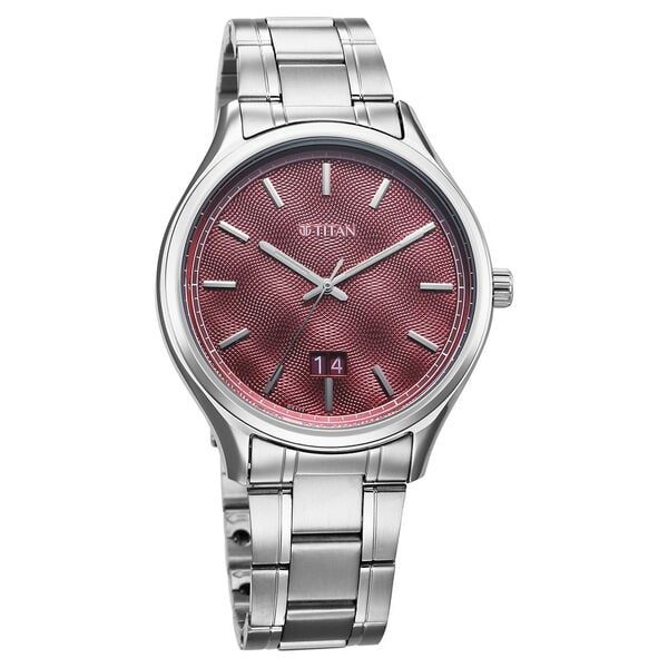 Titan Men's Watch Analog Maroon Dial with Silver Stainless Steel Band, 10033SM02