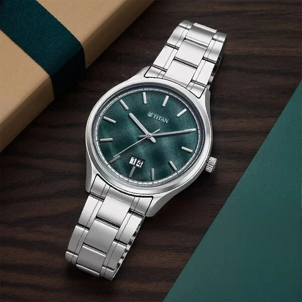 Titan Palette Of Time Men's Watch Analog with Date Green Dial Stainless Steel Band, 10033SM03
