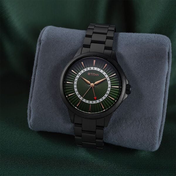 Titan Karishma Men's Watch Analog Green Dial with Date & Black Stainless Steel Band, 10038NM01