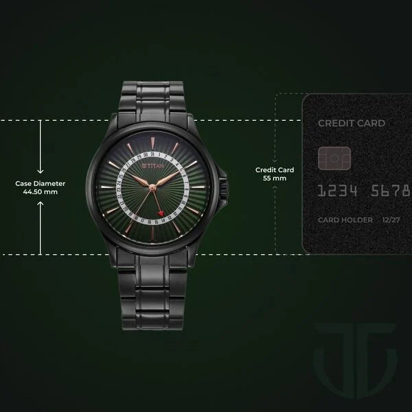 Titan Karishma Men's Watch Analog Green Dial with Date & Black Stainless Steel Band, 10038NM01