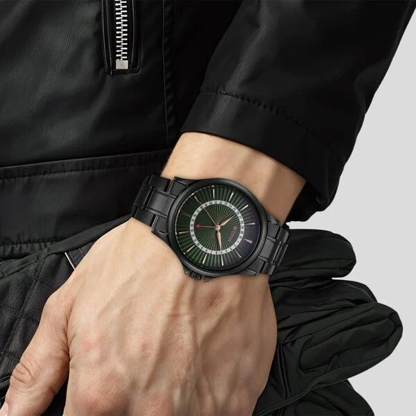 Titan Karishma Men's Watch Analog Green Dial with Date & Black Stainless Steel Band, 10038NM01