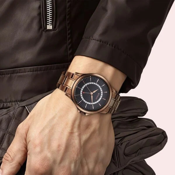 Titan Karishma Men's Watch Analog Black Dial with Date & Brown Stainless Steel Band, 10038QM01