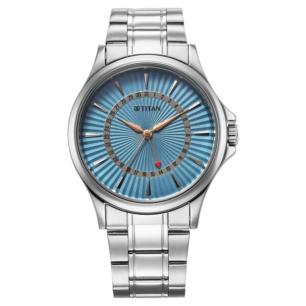 Titan Karishma Men's Watch Analog Blue Dial with Date & Silver Stainless Steel Band, 10038SM01