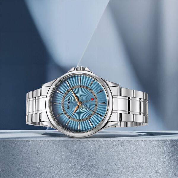 Titan Karishma Men's Watch Analog Blue Dial with Date & Silver Stainless Steel Band, 10038SM01