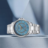 Titan Karishma Men's Watch Analog Blue Dial with Date & Silver Stainless Steel Band, 10038SM01