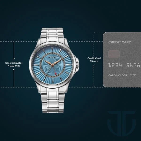 Titan Karishma Men's Watch Analog Blue Dial with Date & Silver Stainless Steel Band, 10038SM01