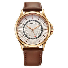 Titan Karishma Men's Watch Analog Silver Dial with Date & Brown Leather Strap, 10038WL01