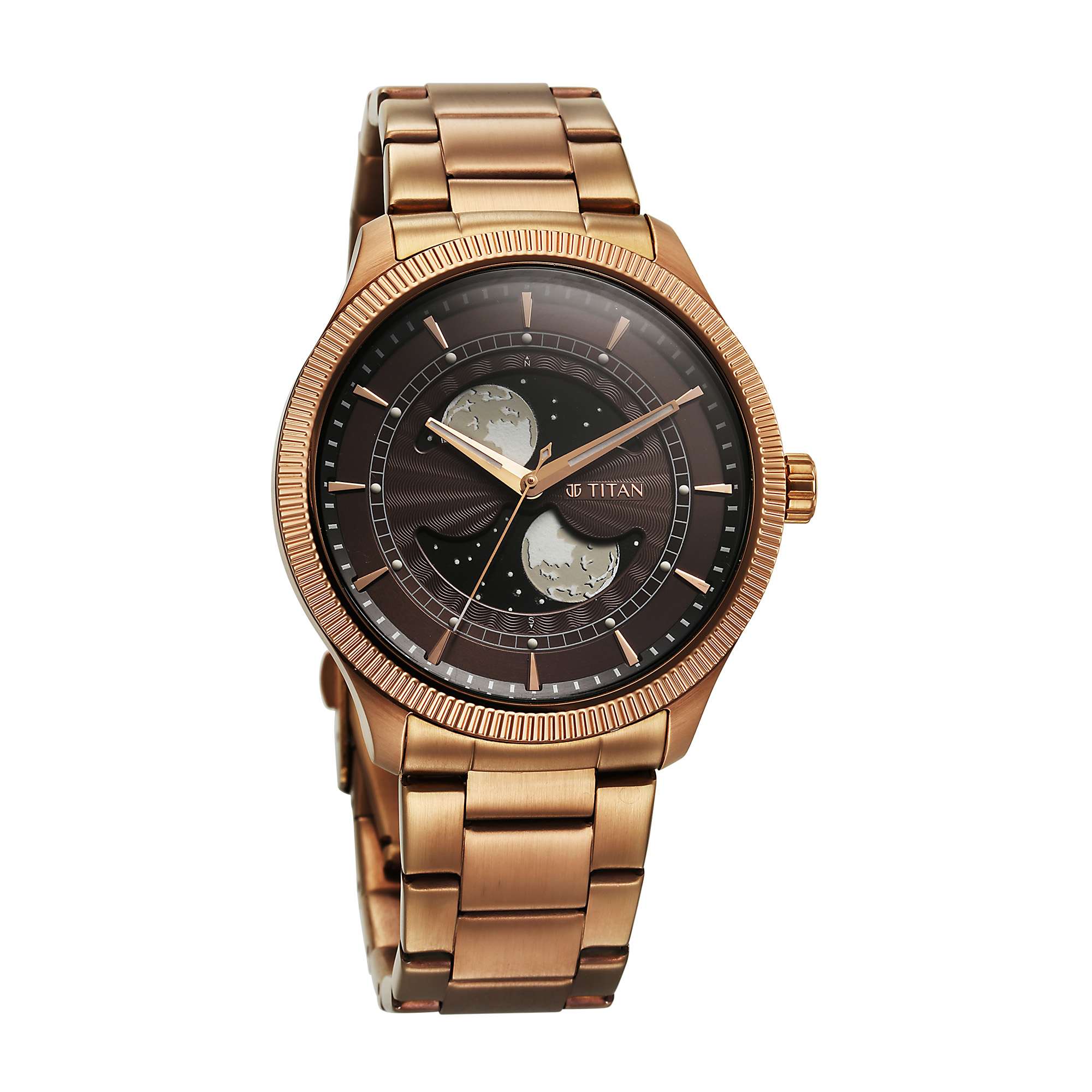 Titan Stellar Analog with Dual Moon Phase Men's Watch with Brown Dial and Bronze Stainless Steel Strap,10050QM01