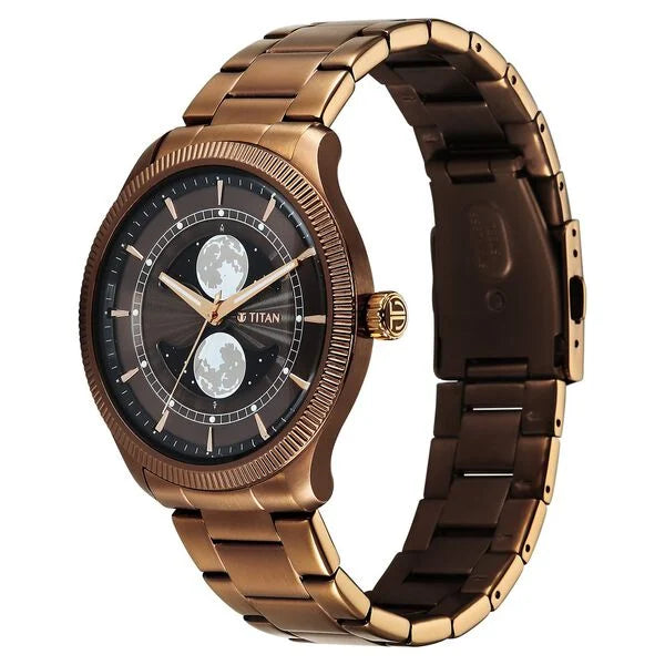 Titan Stellar Analog with Dual Moon Phase Men's Watch with Brown Dial and Bronze Stainless Steel Strap,10050QM01