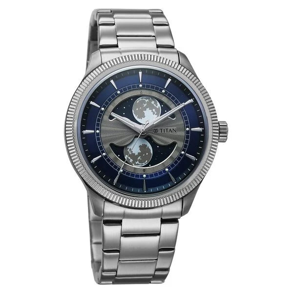 Titan Stellar Analog Men's watch with Dual Moon Phase and Silver Dial and Brown Leather, 10050SM01