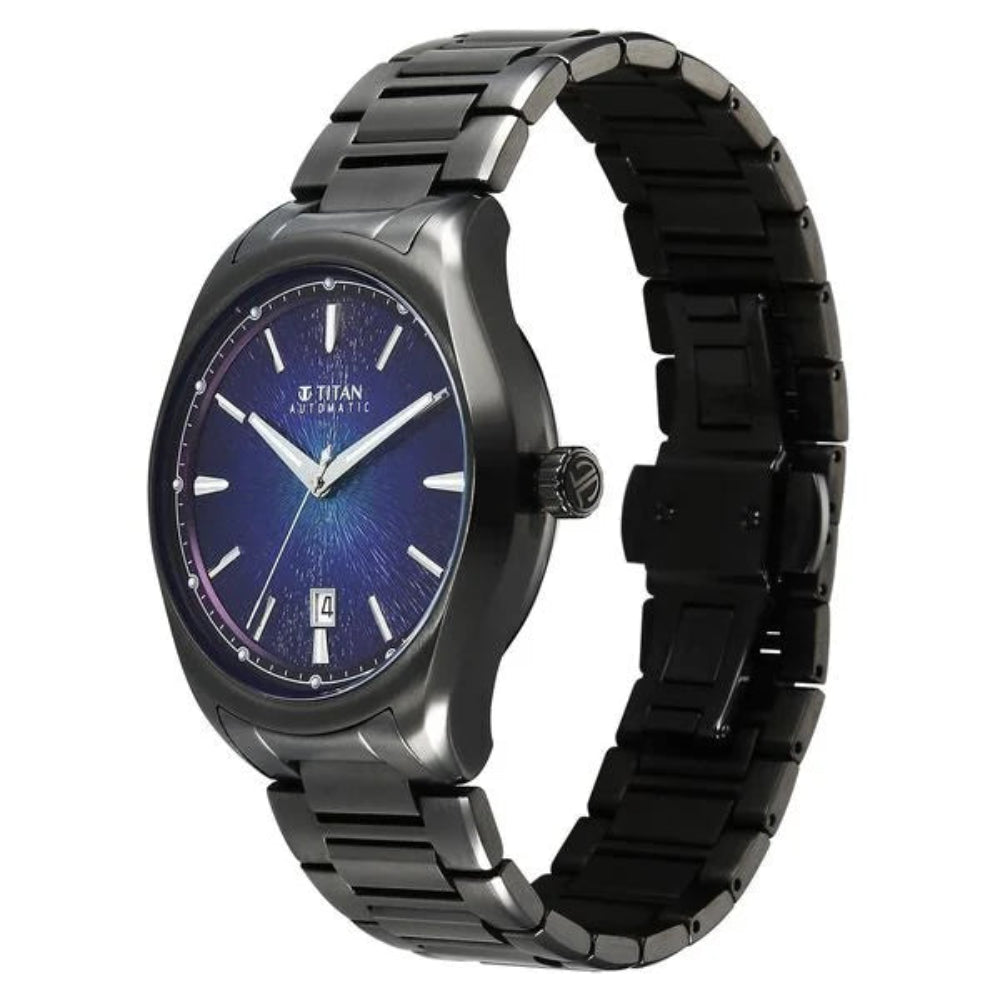 Titan Stellar Starlight Analog with Concealed Automatic Men's Watch with Violet Dial and Dark Gun Stainless Steel Strap,10051QM01