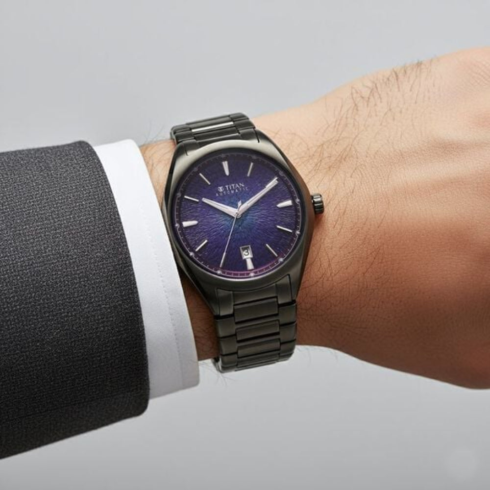 Titan Stellar Starlight Analog with Concealed Automatic Men's Watch with Violet Dial and Dark Gun Stainless Steel Strap,10051QM01