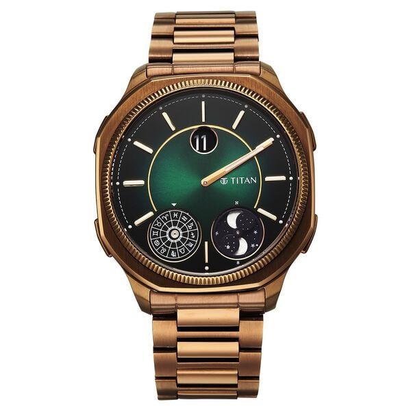 Titan Stellar Jumping Hour Micromotors Zodiac Analog Men's Watch with Dual Moonphase and Green Dial IP Bronze Stainless Steel,10053QM01