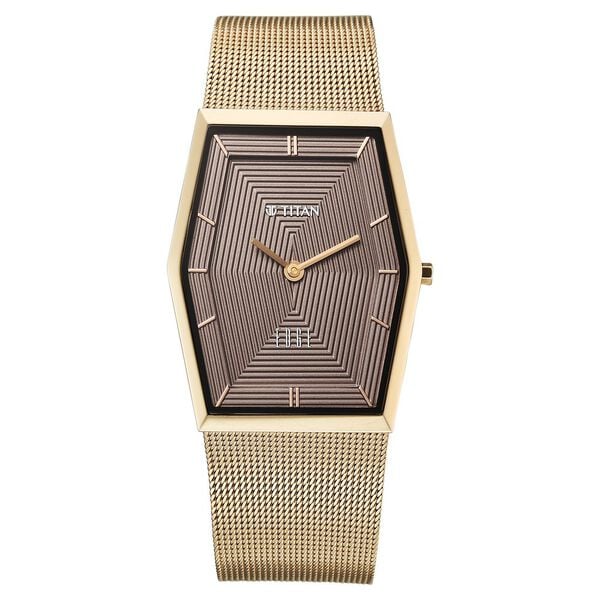Titan Edge Whimsey Quartz Analog  Men's Watch With Brown Dial And Golden Stainless Steel Mesh Strap, 10056QM01